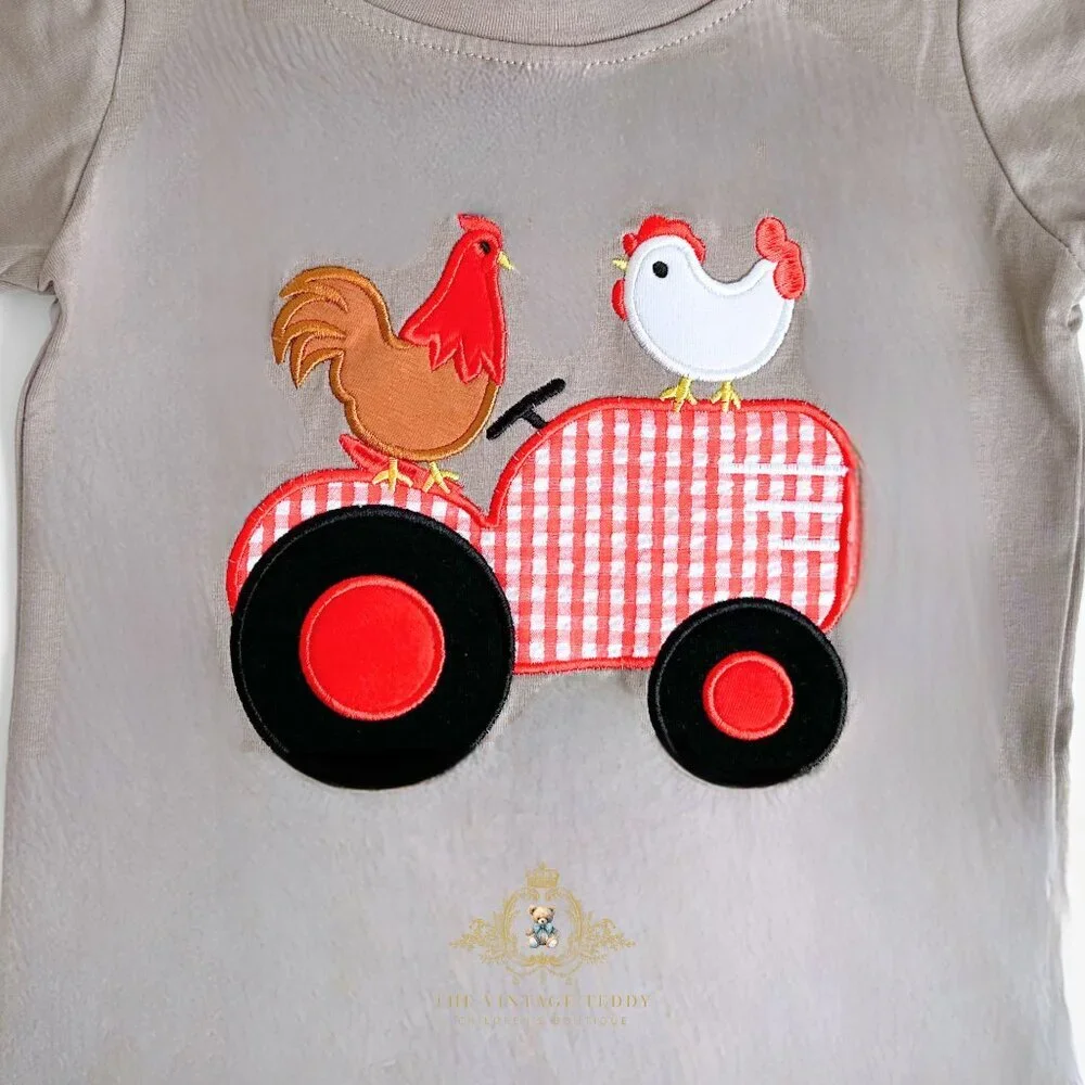 NWT Cute Boys T-shirt & Shorts Matching Set Embroidered Gingham Little Farm 2T